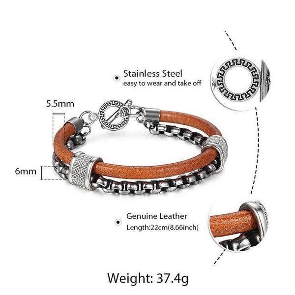 Double Layers Genuine Leather Bracelets for Mens Boys Stainless Steel Toggle Clasp Male Jewelry Gift - Vimost Shop