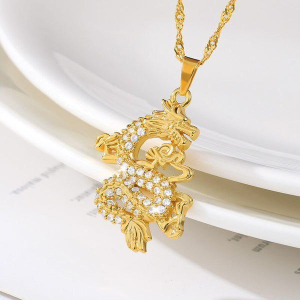 Dragon Pendant Necklaces Gold Color jewlery Cubic Zirconia Necklace Mascot Ornaments Hip hop Necklace for Women Men Gifts - Vimost Shop