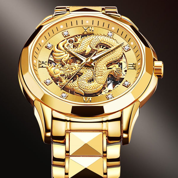 Dragon Skeleton Automatic Mechanical Watches For Men Wrist Watch Stainless Steel Strap Gold Clock 30m Waterproof Mens watch - Vimost Shop