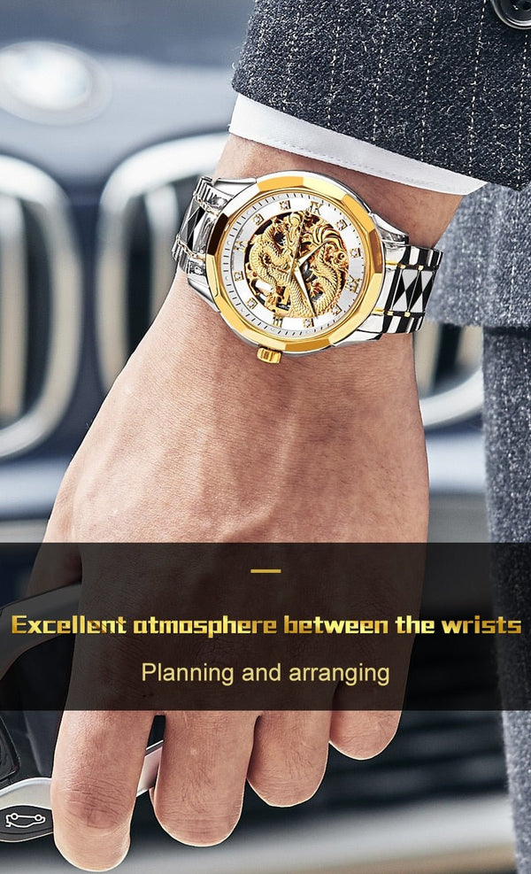 Dragon Skeleton Automatic Mechanical Watches For Men Wrist Watch Stainless Steel Strap Gold Clock 30m Waterproof Mens watch - Vimost Shop