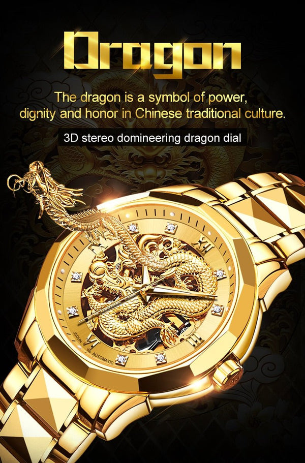 Dragon Skeleton Automatic Mechanical Watches For Men Wrist Watch Stainless Steel Strap Gold Clock 30m Waterproof Mens watch - Vimost Shop