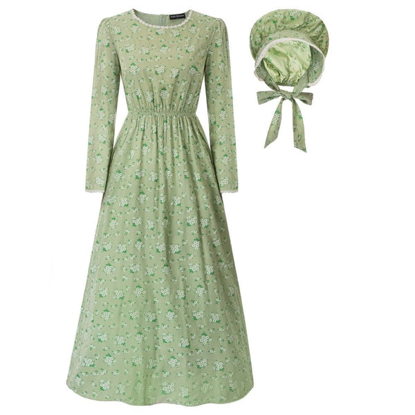 Dresses Pioneer Women Costume Colonial Dress American Historical Clothing With Bonnet Vintage Print Fashion Long Maxi Dresses - Vimost Shop
