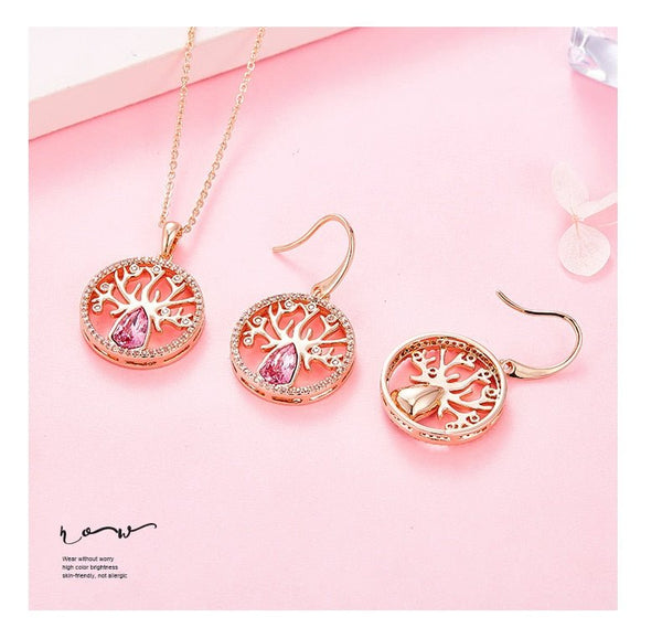 Dubai Gold Jewelry Sets for Women Accessories Tree of Life Charm Earrings Necklace Set with Pink Crystal from Swarovski - Vimost Shop