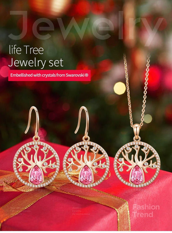 Dubai Gold Jewelry Sets for Women Accessories Tree of Life Charm Earrings Necklace Set with Pink Crystal from Swarovski - Vimost Shop