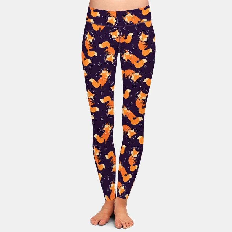Fashion Cartoon Fox Print Girls Leggings High Waist High Elastic 220gsm Double Side Brushed Milk Silk | Vimost Shop.
