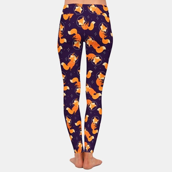 Fashion Cartoon Fox Print Girls Leggings High Waist High Elastic 220gsm Double Side Brushed Milk Silk | Vimost Shop.