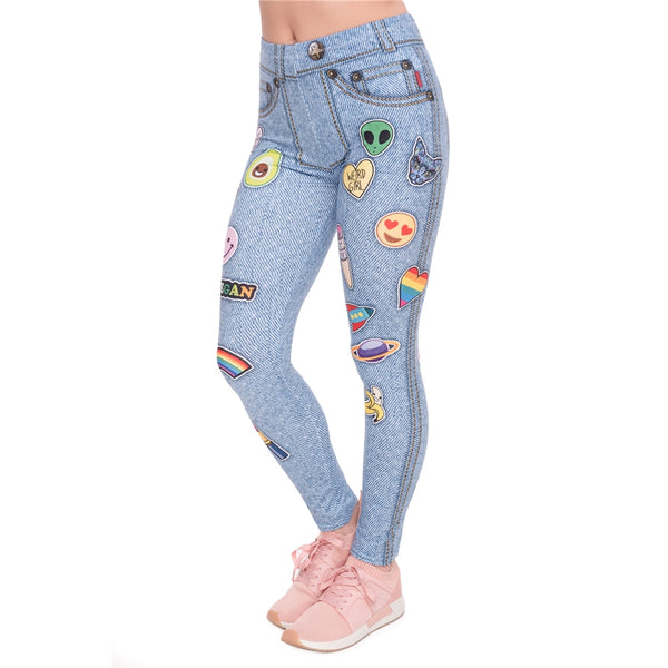 Fashion leggins mujer Light Blue Jeans With Patches Printing | Vimost Shop.