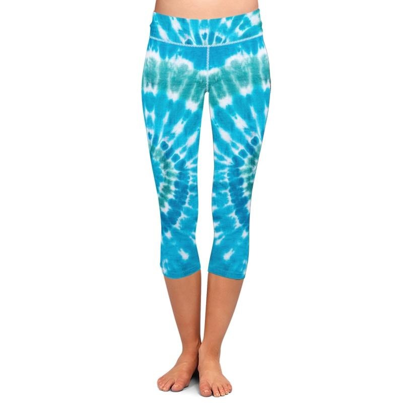 New Women Stretch Capri Pants Blue Tie-dye Print High Waist Mid-Calf Casual Fitness Leggings Plus Size | Vimost Shop.