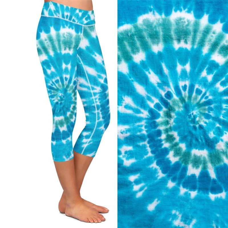 New Women Stretch Capri Pants Blue Tie-dye Print High Waist Mid-Calf Casual Fitness Leggings Plus Size | Vimost Shop.