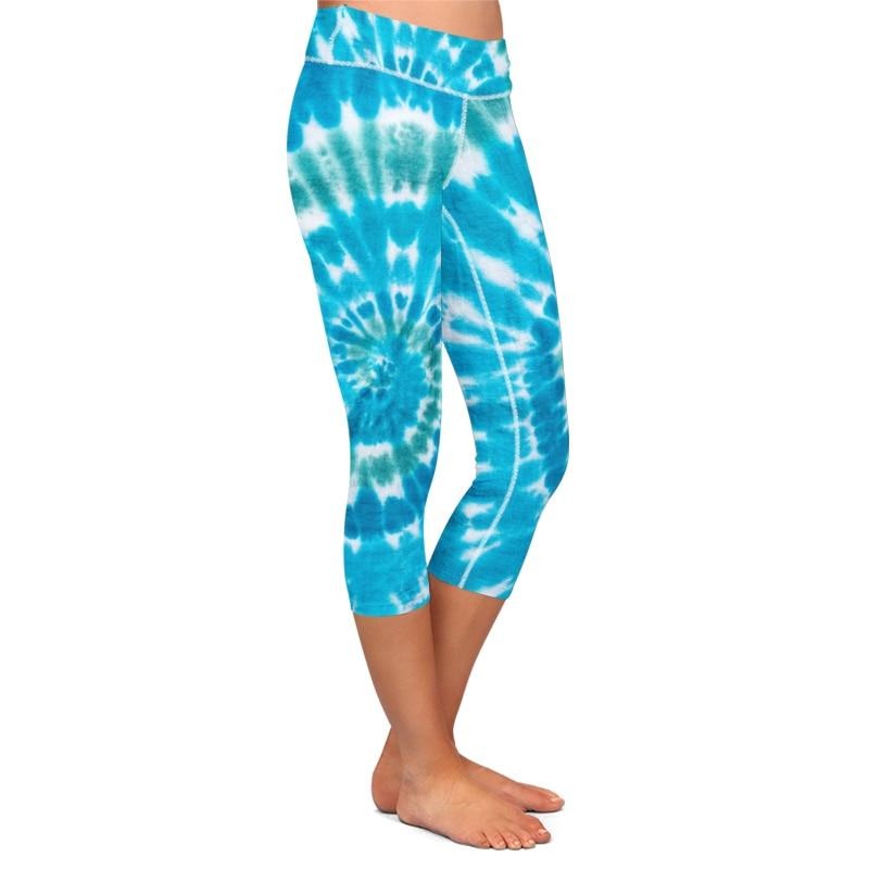 New Women Stretch Capri Pants Blue Tie-dye Print High Waist Mid-Calf Casual Fitness Leggings Plus Size | Vimost Shop.