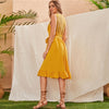 Yellow Lace Panel Ruffle Hem Belted Summer Boho Midi Dress Women Sleeveless High Waist Ladies Fringe Fit and Flare Dresses | Vimost Shop.