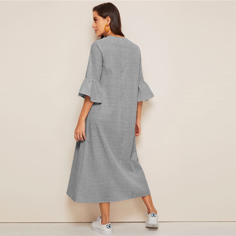 Tassel Tie Neck Embroidered Yoke Boho Striped Dress Women Summer Holiday Drop Waist Flounce Sleeve A Line Long Dresses | Vimost Shop.