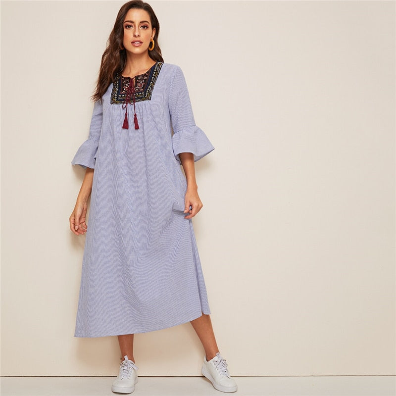 Tassel Tie Neck Embroidered Yoke Boho Striped Dress Women Summer Holiday Drop Waist Flounce Sleeve A Line Long Dresses | Vimost Shop.