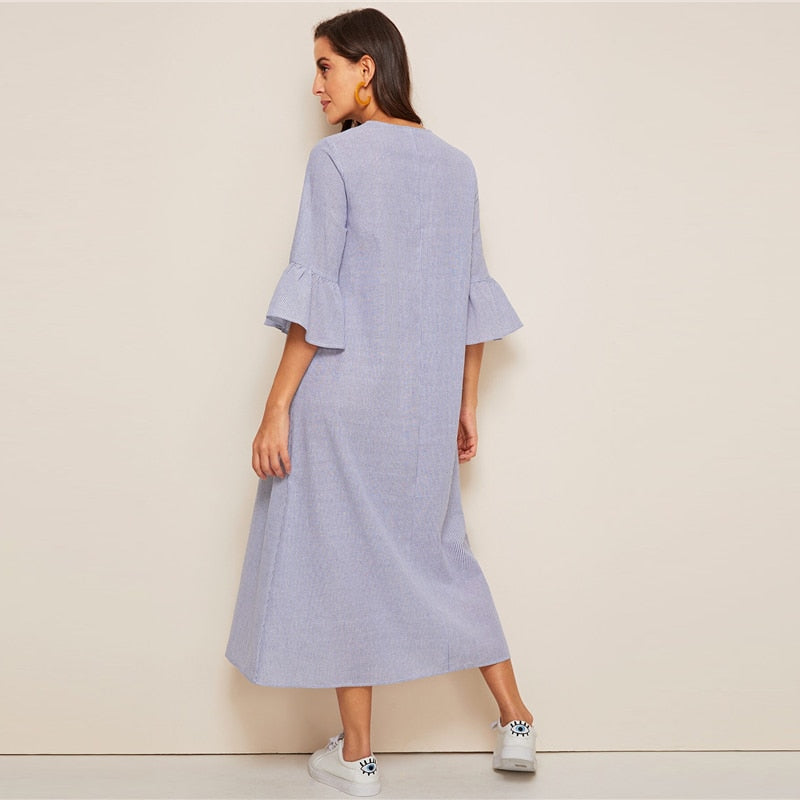 Tassel Tie Neck Embroidered Yoke Boho Striped Dress Women Summer Holiday Drop Waist Flounce Sleeve A Line Long Dresses | Vimost Shop.