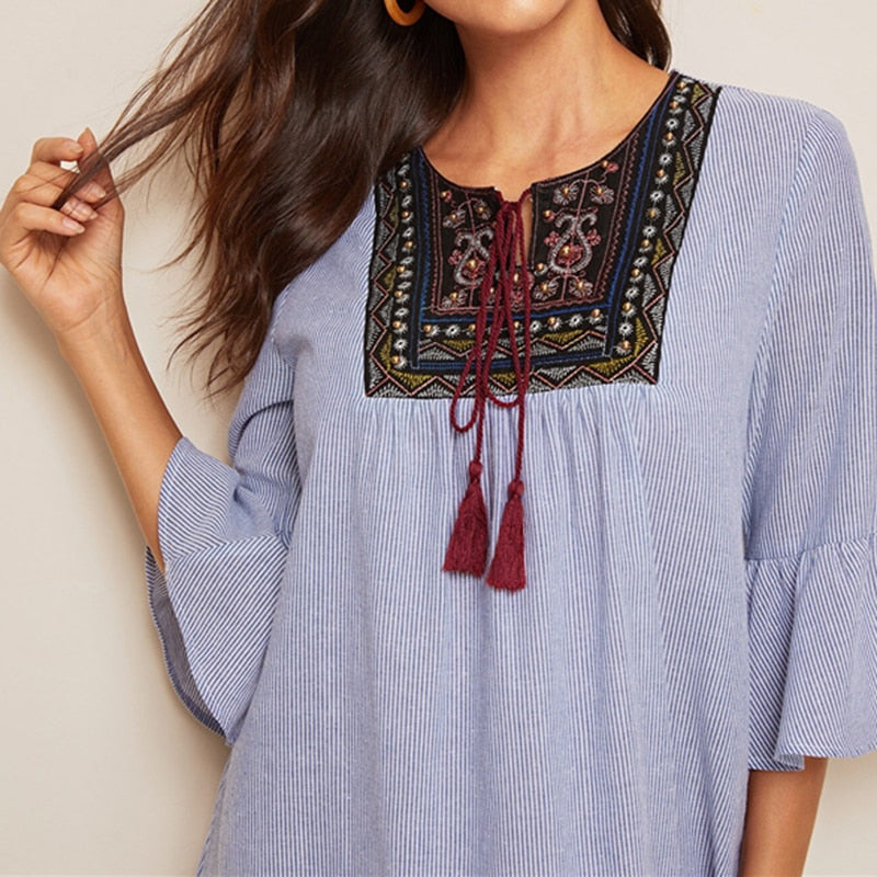 Tassel Tie Neck Embroidered Yoke Boho Striped Dress Women Summer Holiday Drop Waist Flounce Sleeve A Line Long Dresses | Vimost Shop.