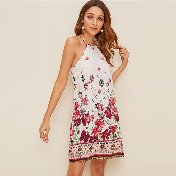 Floral Print Spaghetti Strap Boho Beach Straight Dress Women Summer Holiday Sleeveless Button Back Short Cami Dresses | Vimost Shop.