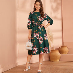 Green Abaya Elastic Waist Belted Floral High Waist Dress Women Spring Autumn Bishop Sleeve Flared Elegant Long Dresses | Vimost Shop.