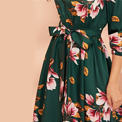 Green Abaya Elastic Waist Belted Floral High Waist Dress Women Spring Autumn Bishop Sleeve Flared Elegant Long Dresses | Vimost Shop.