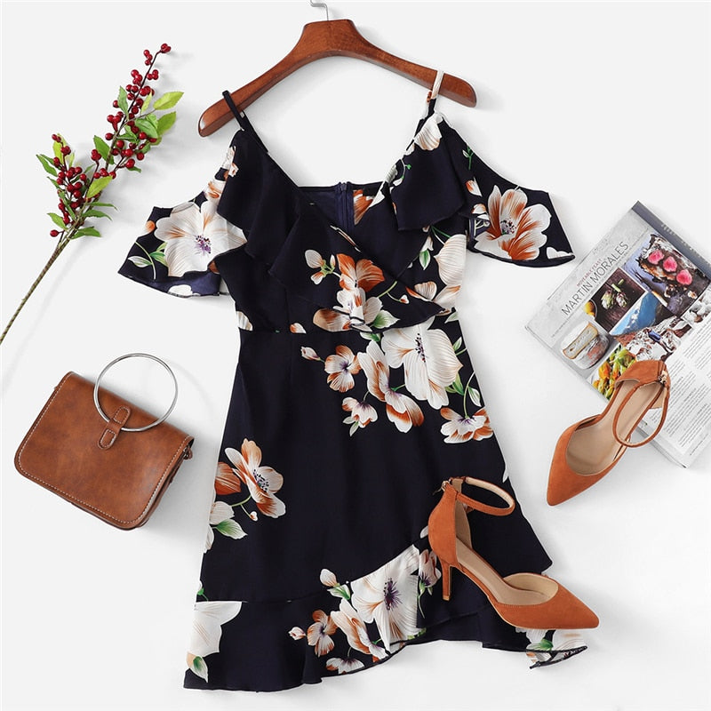 Multicolor Vacation Backless Boho Bohemian Beach Flounce Cold Shoulder Floral Print Dress Summer Women Casual Dress | Vimost Shop.