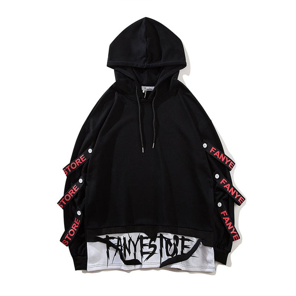 Men Fake 2 Pieces Ribbons High Street Pullover Sweatshirt Fashion Hip Hop Streetwear Hoodie | Vimost Shop.
