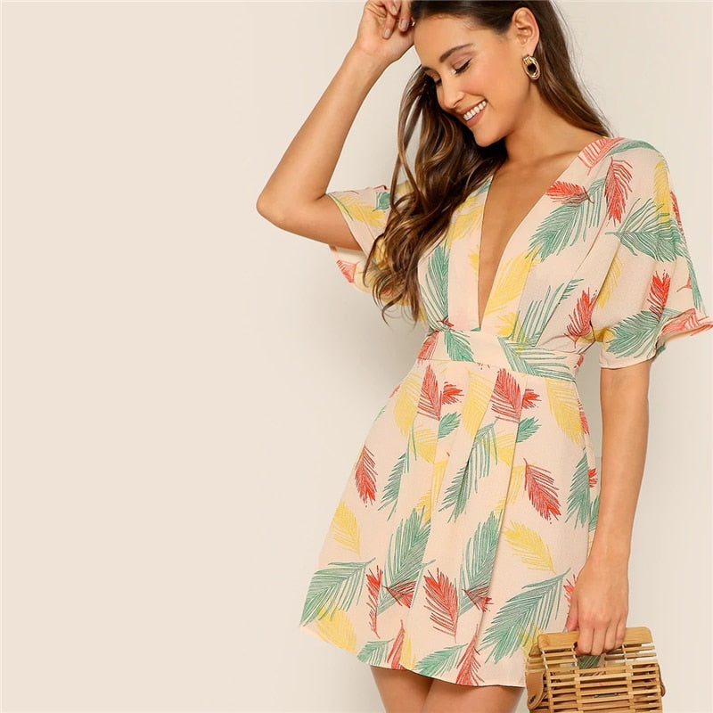 Plunge Neck Tied Open Back Tropical Dress Deep V Neck Fit and Flare Women Dresses Short Sleeve Summer Dress | Vimost Shop.