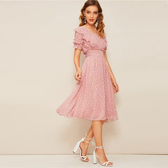 Pink Ruffle Trim Puff Sleeve Shirred Waist Summer Boho Dress Fit and Flare Dress Women Elegant Empire Long Dresses | Vimost Shop.