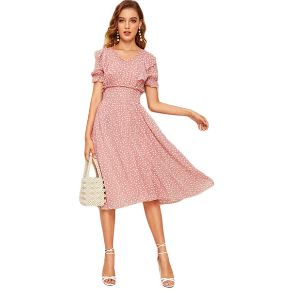 Pink Ruffle Trim Puff Sleeve Shirred Waist Summer Boho Dress Fit and Flare Dress Women Elegant Empire Long Dresses | Vimost Shop.