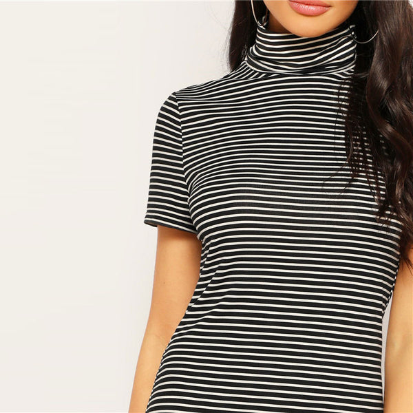 Spring High Neck Black and White Striped Mini Pencil Dress Women Casual Fitted Stretchy Short Sleeve T Shirt Dress | Vimost Shop.