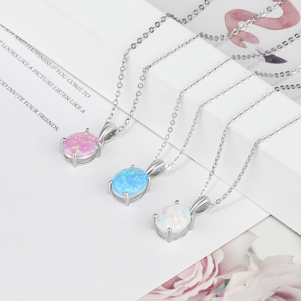 Women 925 Sterling Silver Pendant Necklaces Created Oval White Pink Blue Opal Necklace Birthday Gifts for Wife | Vimost Shop.