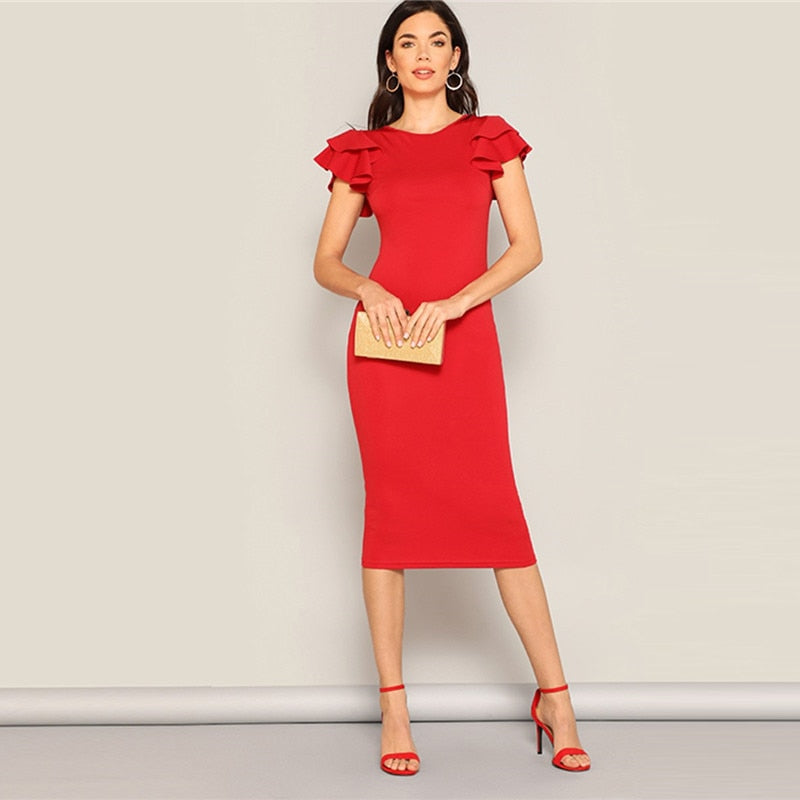 Red Layered Ruffle Sleeve Crisscross Back Bodycon Dress Women Summer Elegant Sleeveless Solid Slim Midi Party Dress | Vimost Shop.