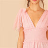 Shoulder Knot Plunging Neck Mesh Lace Dress Women Romantic Sleeveless Deep V Neck Midi Dress A Line Pink Summer Dress | Vimost Shop.