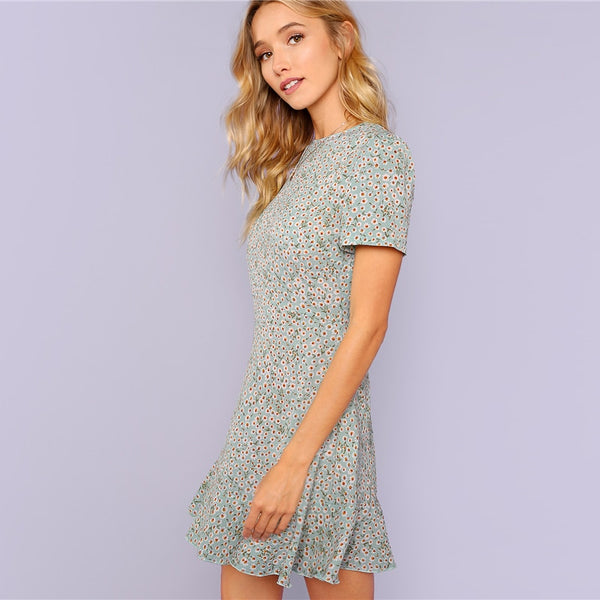 Multicolor Allover Floral Print Ruffle Hem Textured Dress Elegant Casual Fit and Flare Dresses Women A Line Summer Dress | Vimost Shop.