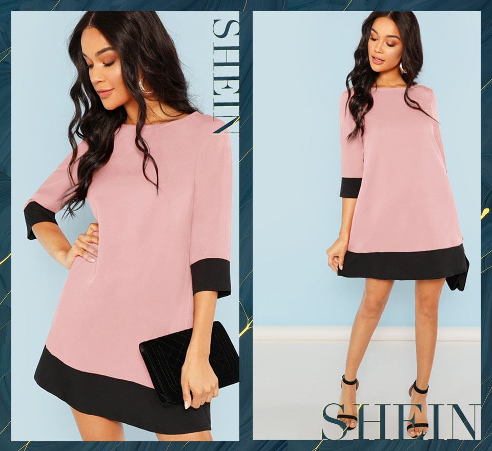 Pink Office Lady Colorblock Contrast Trim Tunic O-Neck 3/4 Sleeve Straight Dress Autumn Workwear Elegant Women Dresses | Vimost Shop.