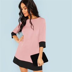 Pink Office Lady Colorblock Contrast Trim Tunic O-Neck 3/4 Sleeve Straight Dress Autumn Workwear Elegant Women Dresses | Vimost Shop.