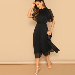 Glamorous Black Mock-neck Knot Back Sheer Panel Dress Spring A Line Butterfly Sleeve Stand Collar Elegant Dresses | Vimost Shop.