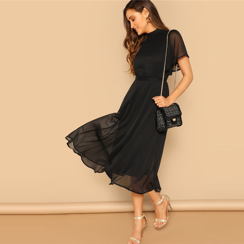 Glamorous Black Mock-neck Knot Back Sheer Panel Dress Spring A Line Butterfly Sleeve Stand Collar Elegant Dresses | Vimost Shop.
