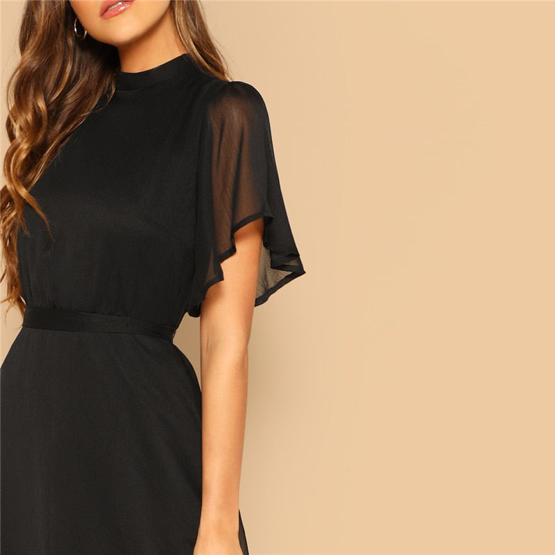 Glamorous Black Mock-neck Knot Back Sheer Panel Dress Spring A Line Butterfly Sleeve Stand Collar Elegant Dresses | Vimost Shop.