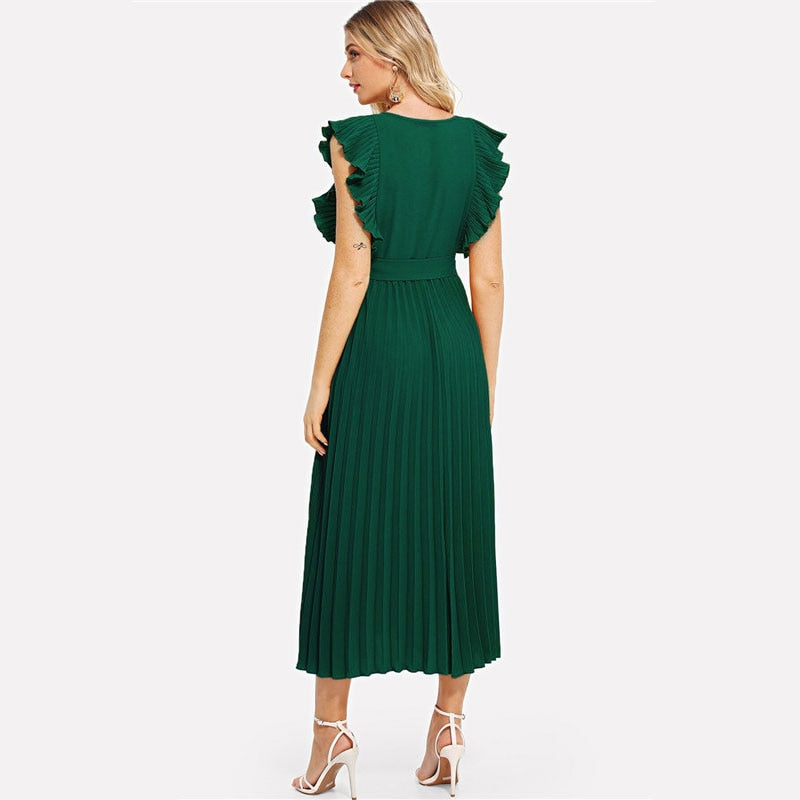 Soild Ruffle Trim Wrap Knot Summer Dress With Belt Women Clothes A Line High Waist Maxi Dress Ladies Pleated Dresses | Vimost Shop.