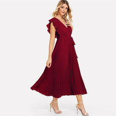 Soild Ruffle Trim Wrap Knot Summer Dress With Belt Women Clothes A Line High Waist Maxi Dress Ladies Pleated Dresses | Vimost Shop.