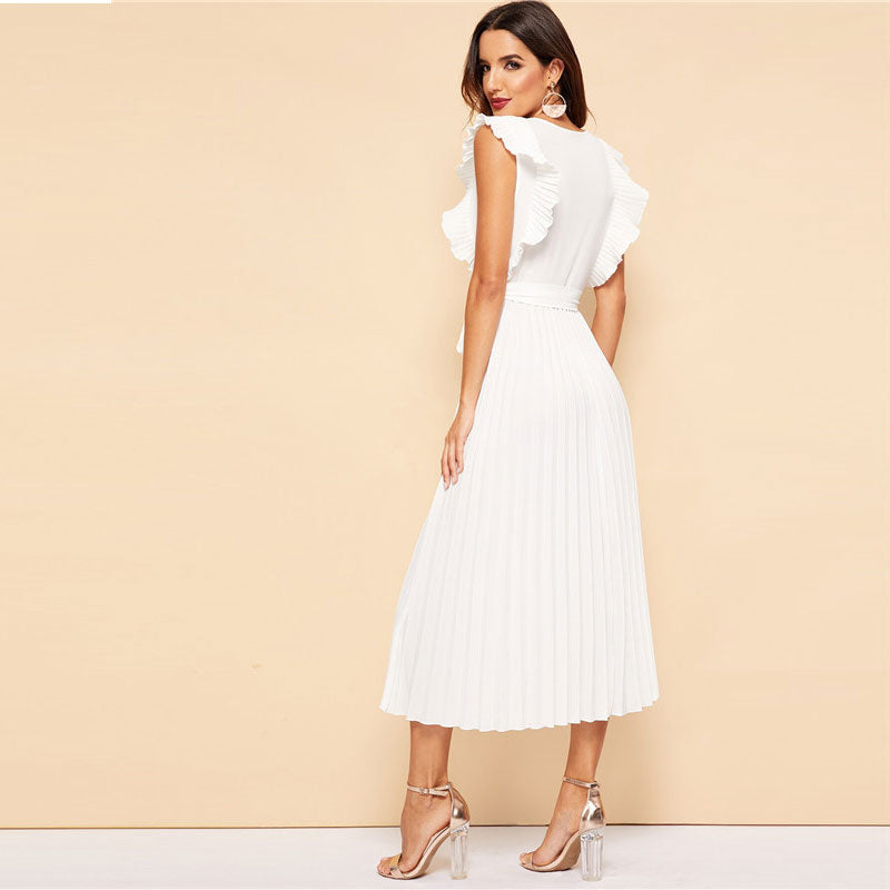 Soild Ruffle Trim Wrap Knot Summer Dress With Belt Women Clothes A Line High Waist Maxi Dress Ladies Pleated Dresses | Vimost Shop.