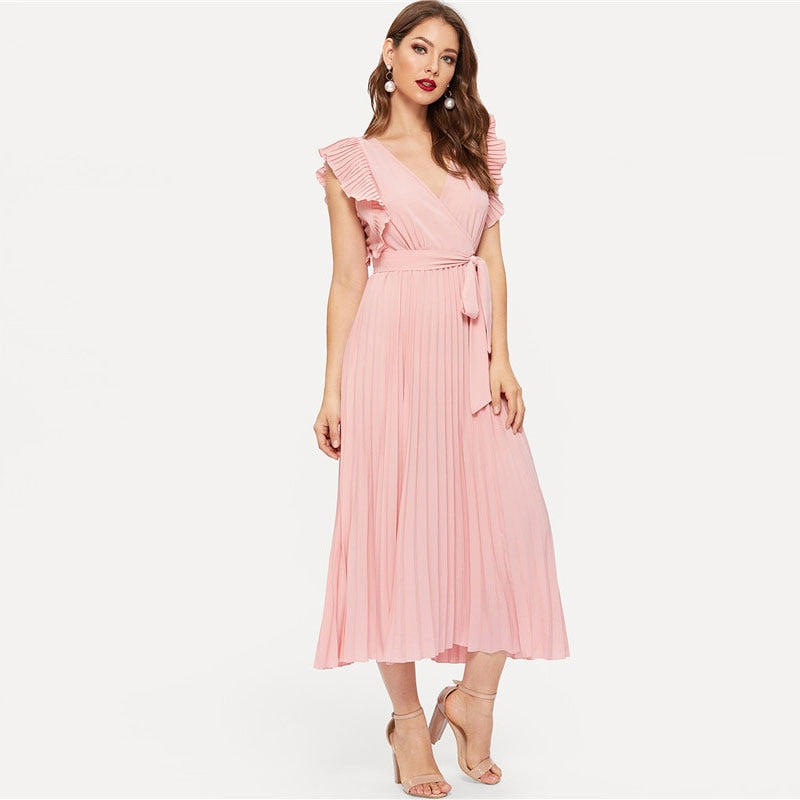 Soild Ruffle Trim Wrap Knot Summer Dress With Belt Women Clothes A Line High Waist Maxi Dress Ladies Pleated Dresses | Vimost Shop.
