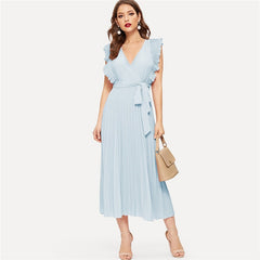 Soild Ruffle Trim Wrap Knot Summer Dress With Belt Women Clothes A Line High Waist Maxi Dress Ladies Pleated Dresses | Vimost Shop.