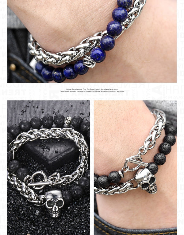 8mm Men's Lapis Lazuli Tiger Eye Stone Beaded Bracelet Stainless Steel Wheat Link Lava Bracelet Wristband Jewelry Gifts | Vimost Shop.