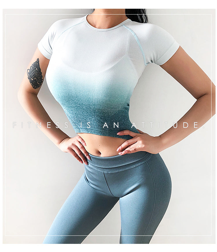 Gradient Sport Short-Sleeve Shirts Women Slim O-neck Fitness Gym Crop Tops T-shirt Quick Dry Seamless Athletic Tee
