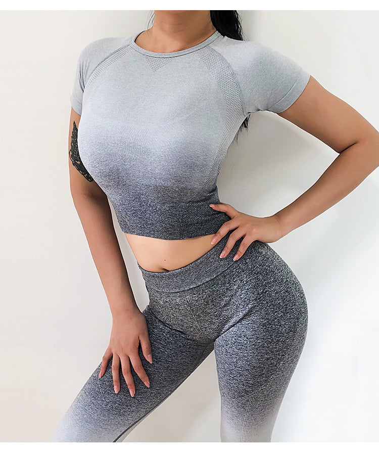 Gradient Sport Short-Sleeve Shirts Women Slim O-neck Fitness Gym Crop Tops T-shirt Quick Dry Seamless Athletic Tee