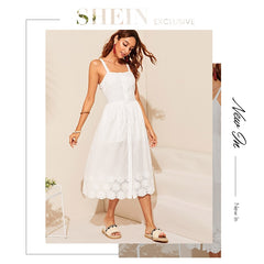 White Embroidered Eyelet Hem Button Up Summer Boho Dress Women Straps Empire Dress Solid Fit and Flare Long Cami Dresses | Vimost Shop.