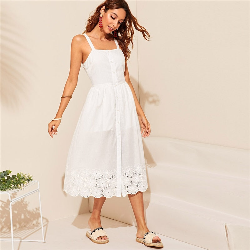 White Embroidered Eyelet Hem Button Up Summer Boho Dress Women Straps Empire Dress Solid Fit and Flare Long Cami Dresses | Vimost Shop.