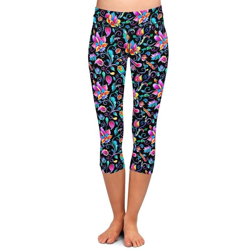 Summer New Women Black Capri Leggings High Elastic Milk Silk Flowers Print High Waist Fitness Casual Mid-Calf Leggings | Vimost Shop.