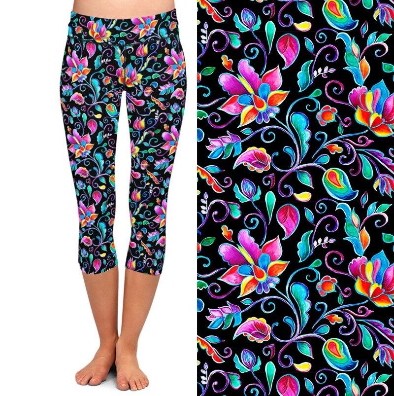 Summer New Women Black Capri Leggings High Elastic Milk Silk Flowers Print High Waist Fitness Casual Mid-Calf Leggings | Vimost Shop.