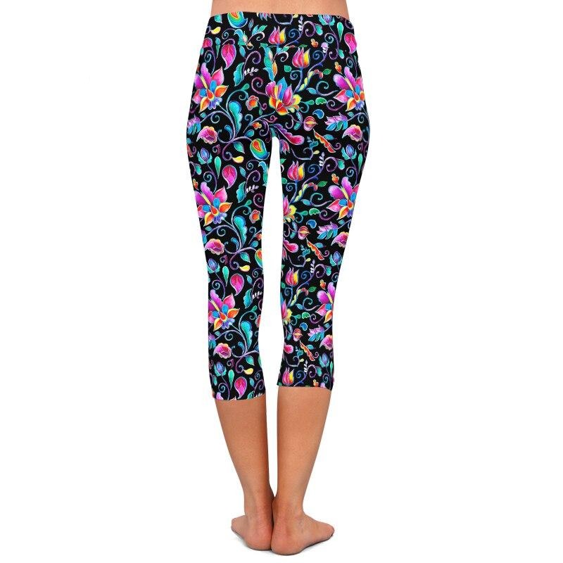Summer New Women Black Capri Leggings High Elastic Milk Silk Flowers Print High Waist Fitness Casual Mid-Calf Leggings | Vimost Shop.